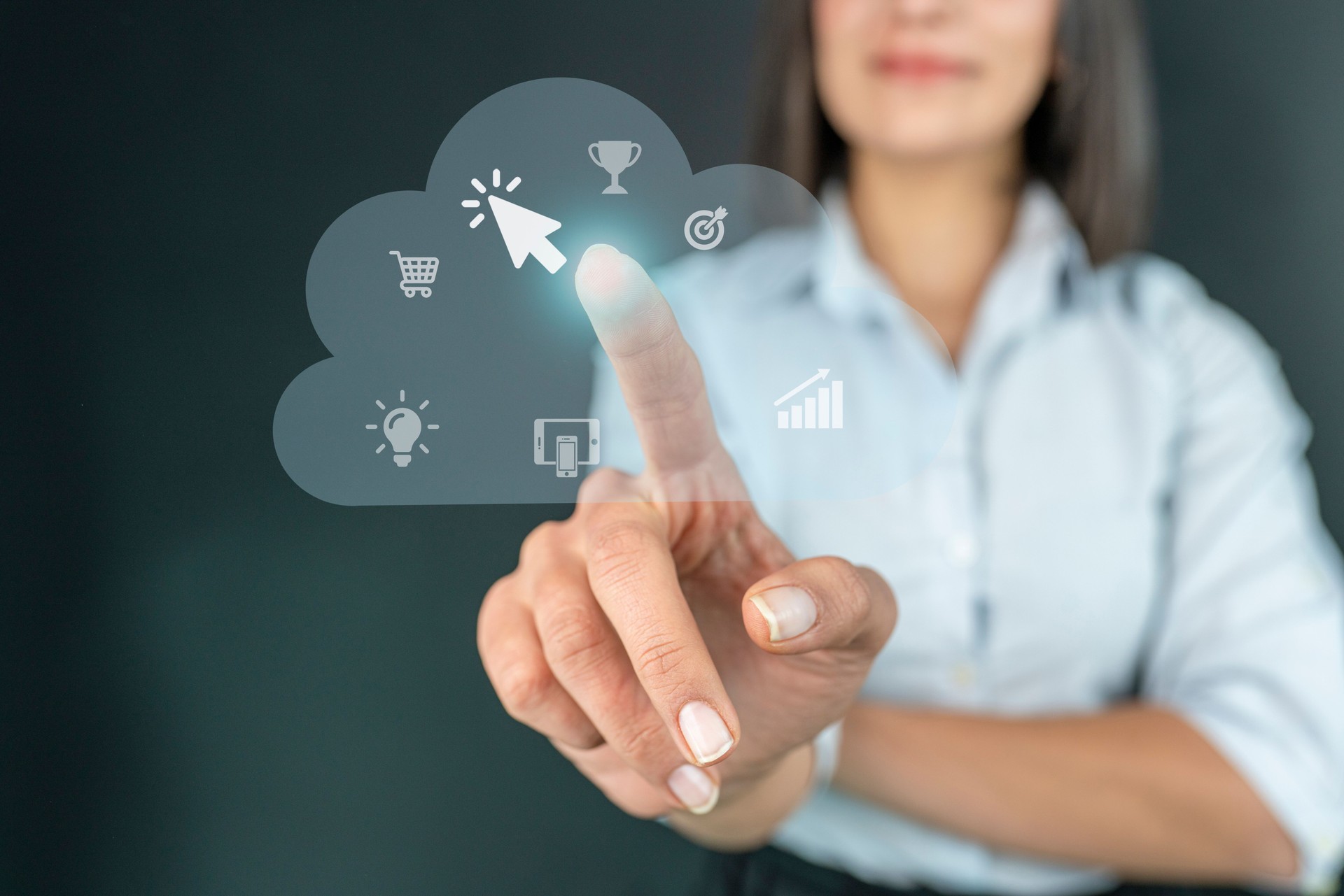Professional business woman connecting network on hand in Cloud technology, communication and business concept