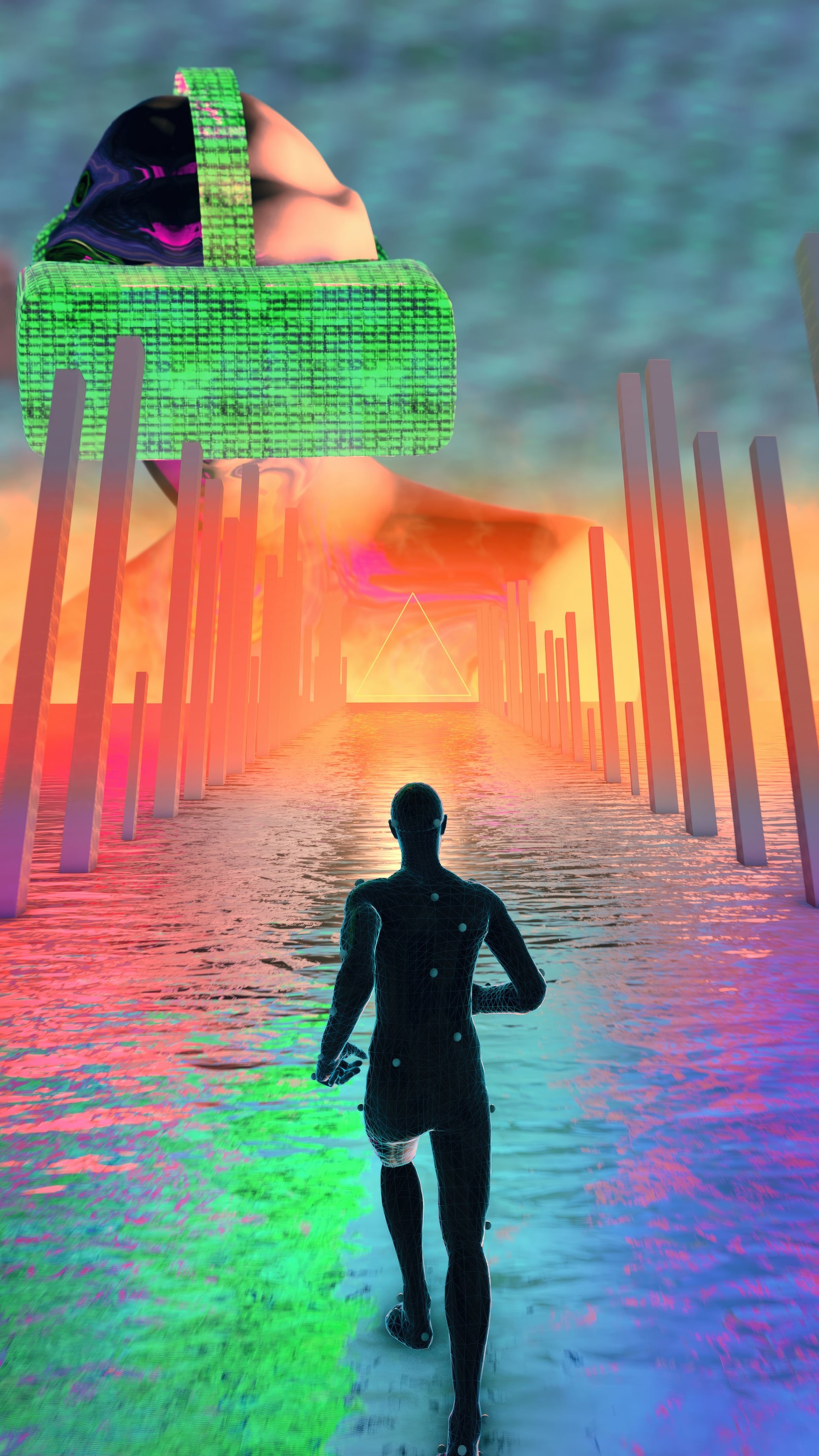 humanoid running and wearing virtual reality glasses, metaverse background concept